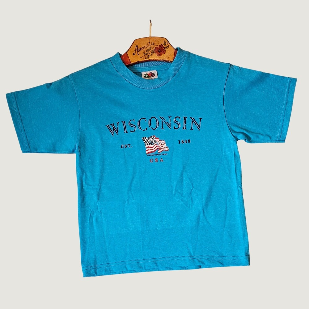 Fruit of the Loom Wisconsin USA Graphic Tee Blue Kids Size 6/8 Vintage Style